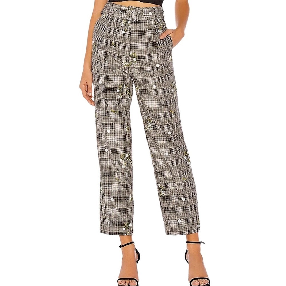 NWOT Marjorelle Charles Pant in Grey Plaid With Embroidered Flowers - Size XXS